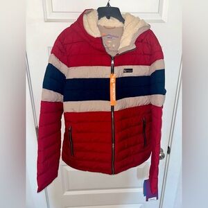 NWT Men’s HFX Red Color Block Water Resistant Hooded Puffer Jacket Size XL